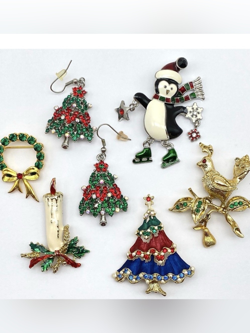 Festive Christmas Tree & Penguin Holiday Jewelry Set - Red, Green, White